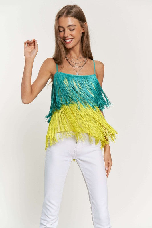 Davi & Dani Fringe Overlay Cross Straps Party Cami Top