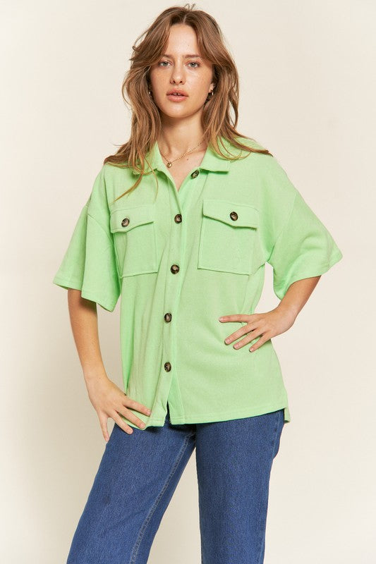 Jade By Jane Smiley Face on Back Button-Down Short Sleeve Shirt in 3 Colors