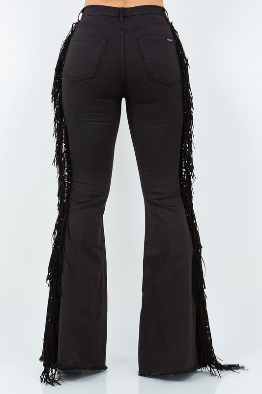 GJG Denim Texas Sun Bell Bottom Fringe Jeans in Black