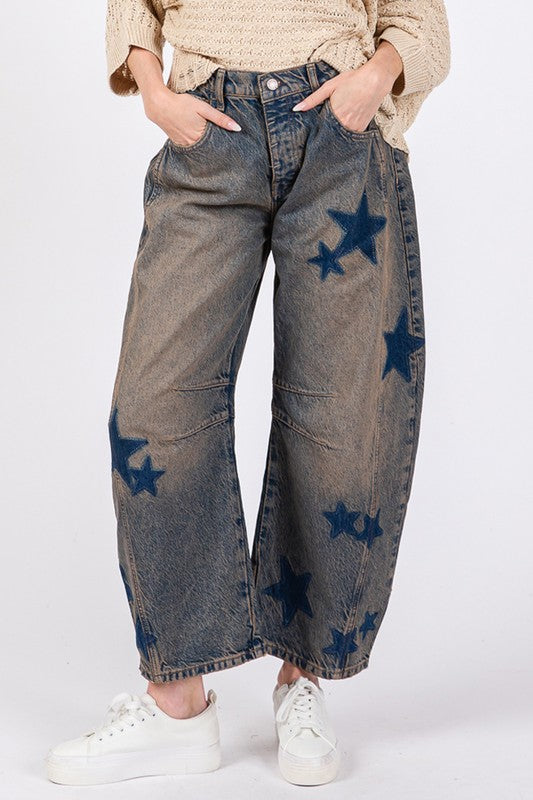 SAGE + FIG  Color Wash Star Print Wide Barrel Leg Jeans with Pockets Dark Wash Blue NWT