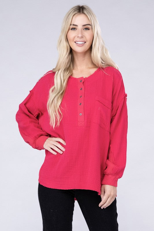 Zenana Double Cotton Gauze Oversized Raw Hem Henley Shirt in 8 Colors