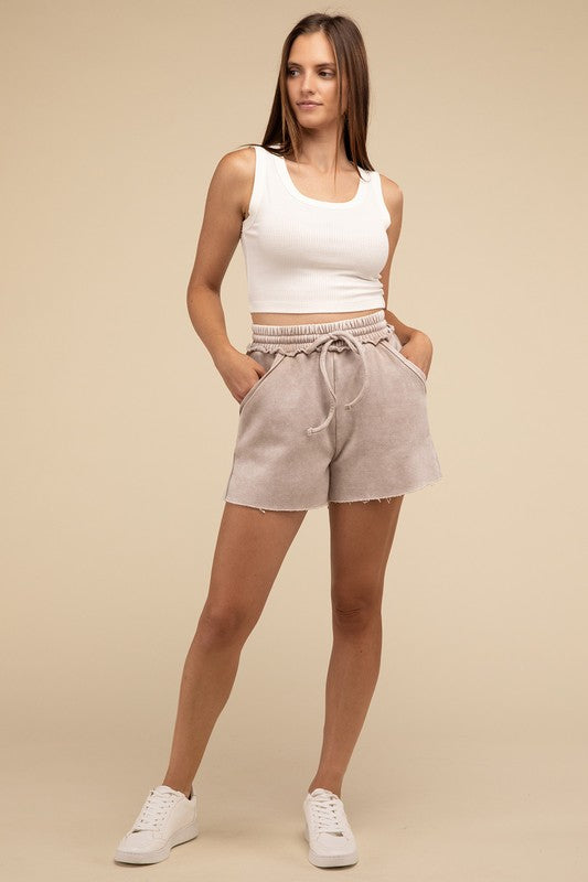 Zenana Acid Wash Fleece Drawstring Shorts with Pockets in Ash Mocha or Rust