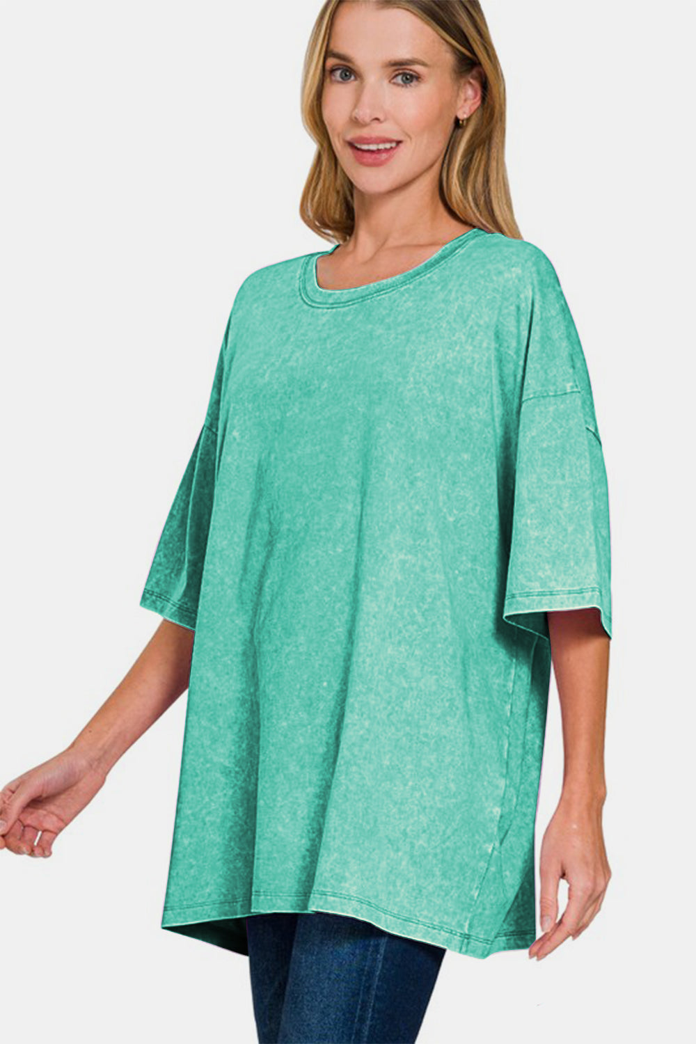 Zenana Color Washed Oversized Round Neck Short Sleeve Tunic T-Shirt in Turquoise Green