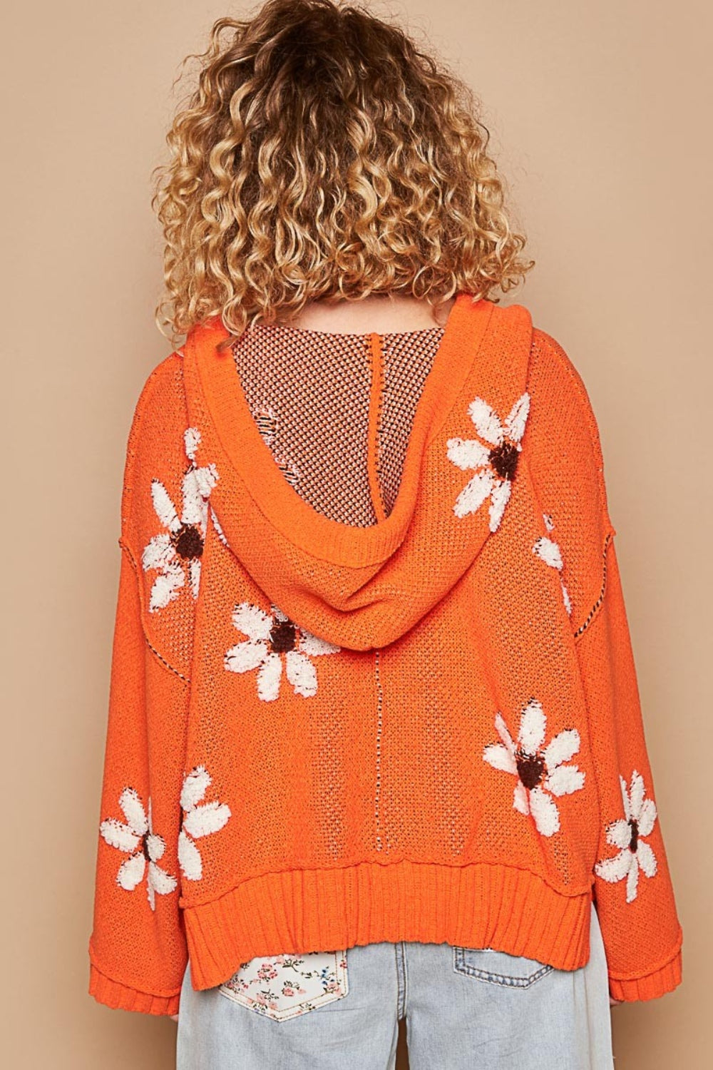 POL Floral Pattern Hooded High-Low Sweater in Orange Multi