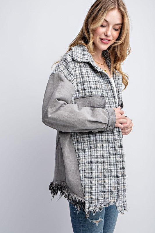 Sweet Generis Oversized Tweed and Denim Shirt Jacket with Fringed Hem