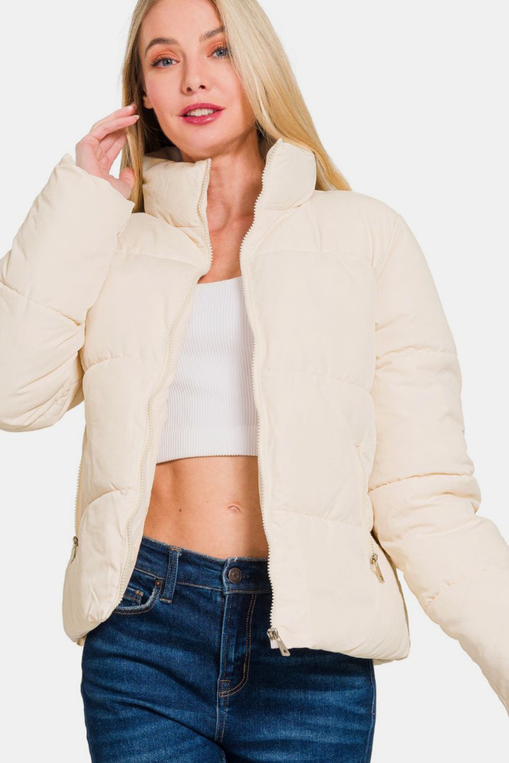 Zenana Stand Collar Zipper Front Quilted Puffer Jacket with Pockets in Cream NWT