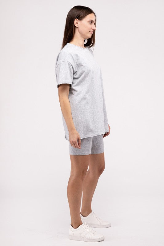 Zenana Cotton Short Sleeve Tee & Biker Shorts Set