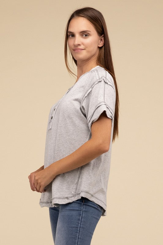 Zenana Cotton Raw Edge Short Sleeve Henley T-Shirt in 4 Colors