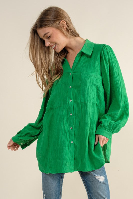 Sweet Generis Cotton Gauze Puff Sleeve Button-Down Shirt in 15 Colors