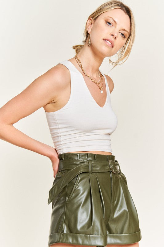 Jade By Jane High-Rise Belted Faux Leather Shorts in 2 Colors