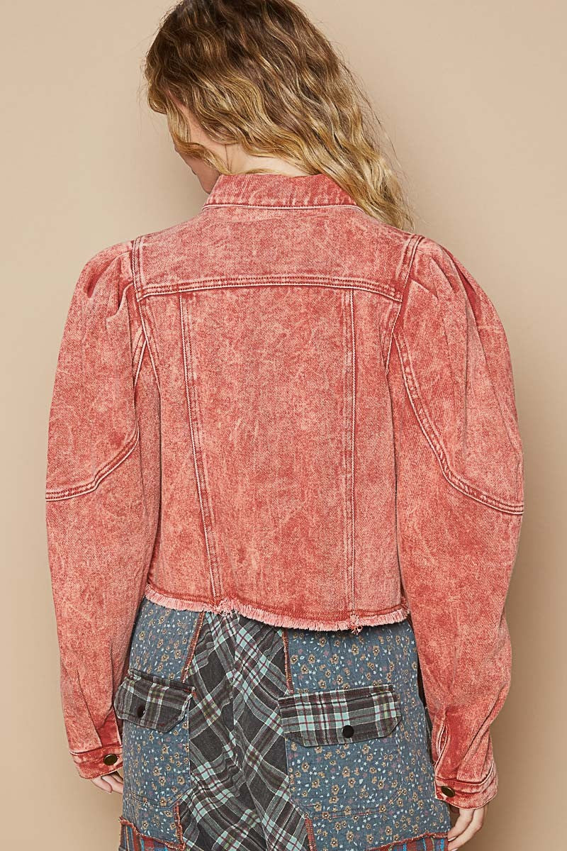 POL Puff Shoulder Raw Hem Cropped Denim Jean Jacket in Washed Brick Red NWT