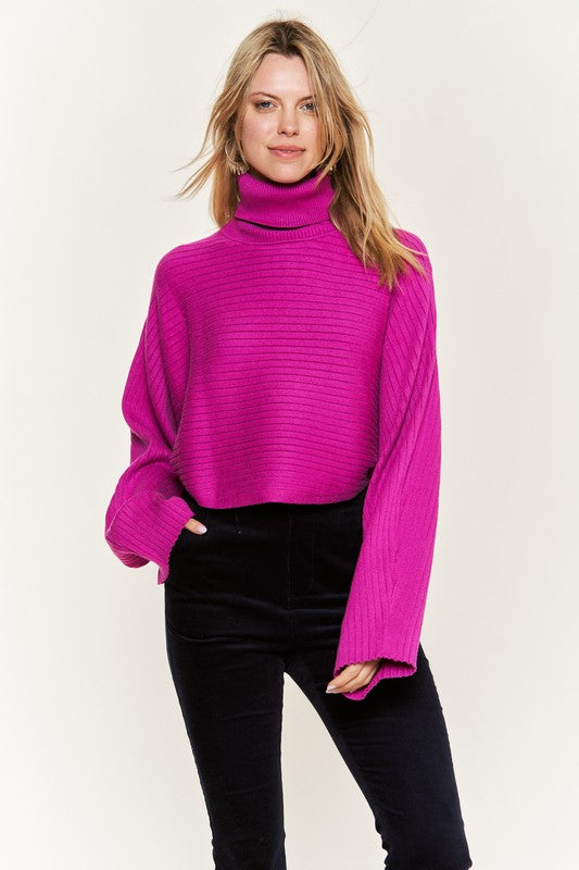 Jade By Jane Turtle Neck Wide Sleeve Knit Crop Sweater Top in 2 Colors