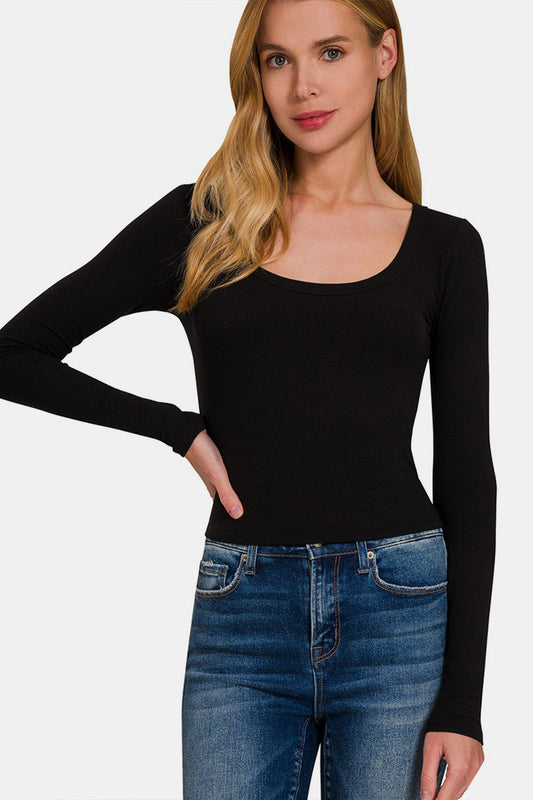 Zenana Fitted Scoop Neck Long Sleeve T-Shirt in Black