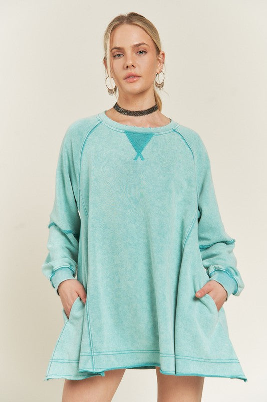 Jade by Jane Color Washed Raw Flare Hem Tunic Sweatshirt in Teal and Pink