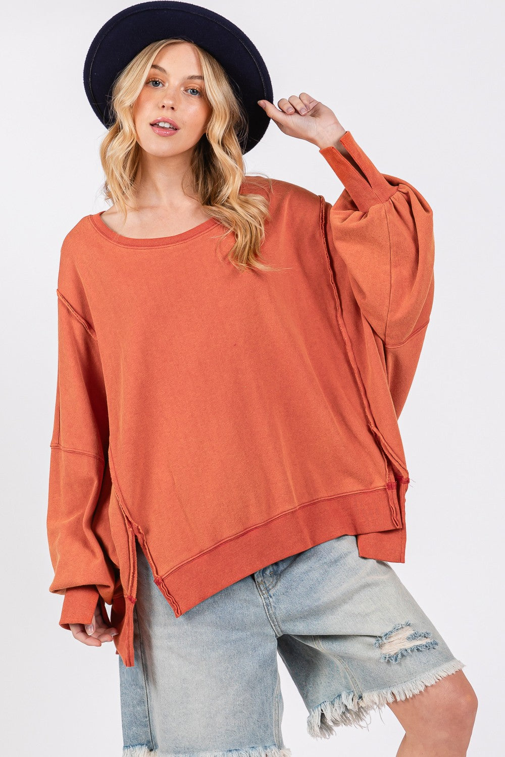 SAGE + FIG Mineral Wash Side Slit Oversized Sweatshirt in Amber Orange NWT