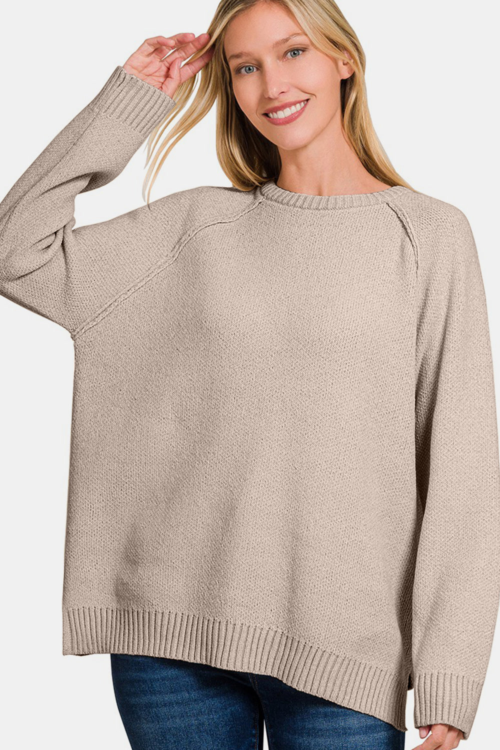 Zenana Exposed Seam Raglan Sleeve Crew Neck Sweater in Light Mocha Brown