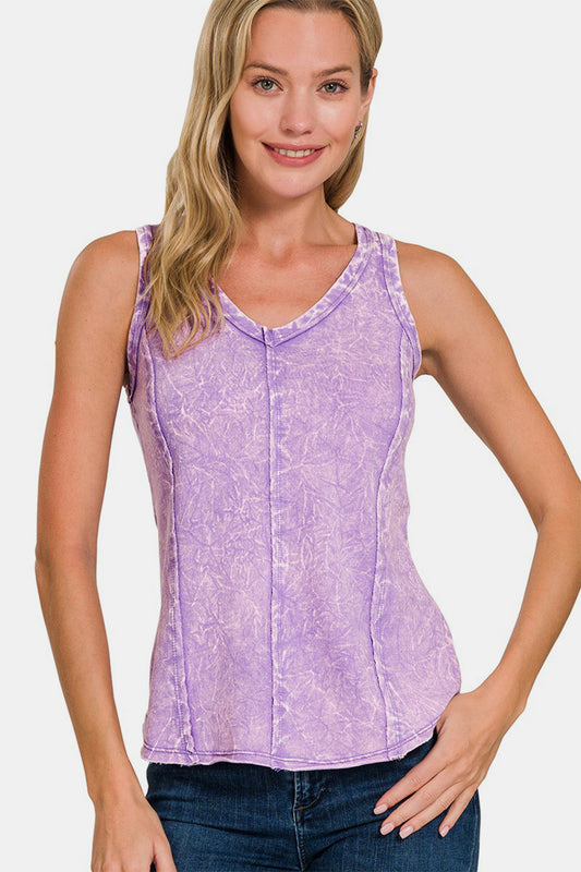 Zenana Washed Exposed Seam V-Neck Tank in Lavender