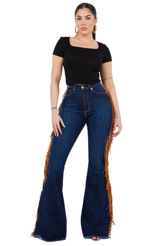 GJG Denim Texas Sun Gold Fringe Bell Bottom Jeans in Dark Blue 30" Inseam