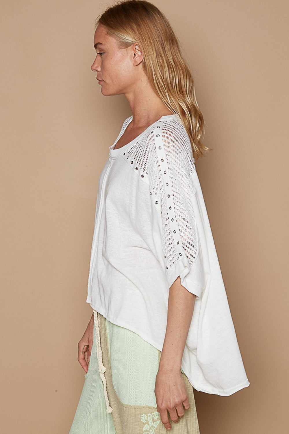 POL Studded Crochet High-Low Hem Top