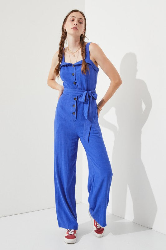 JADE BY JANE SLEEVELESS ADJUSTABLE STRAP BUTTON DOWN JUMPSUIT IN 2 COLORS