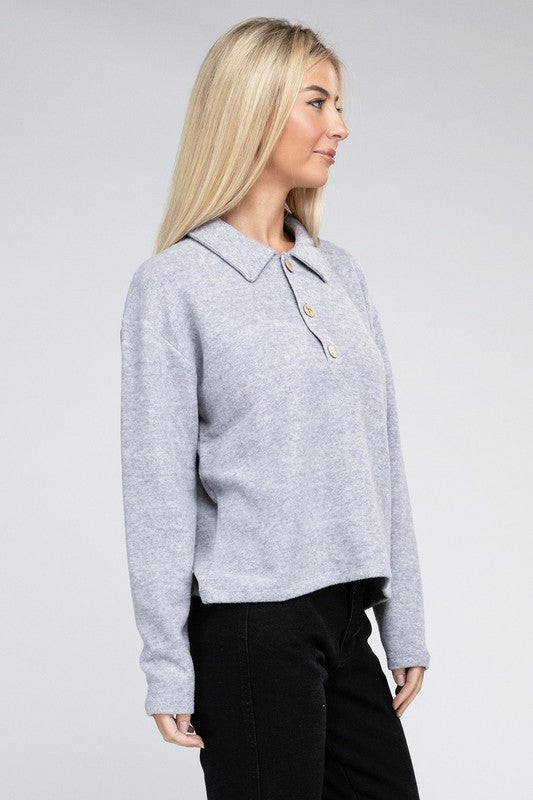 Zenana Brushed Melange Button Front Collared V-Neck Sweater in 5 Colors