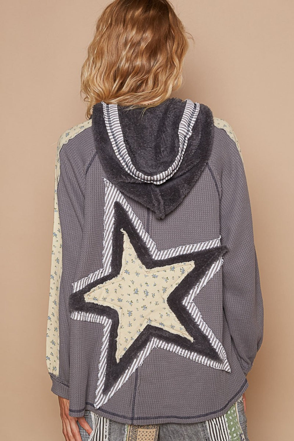 POL Half Zip Up Fleece Mix Back Star Patch Hoodie in Charcoal Multi