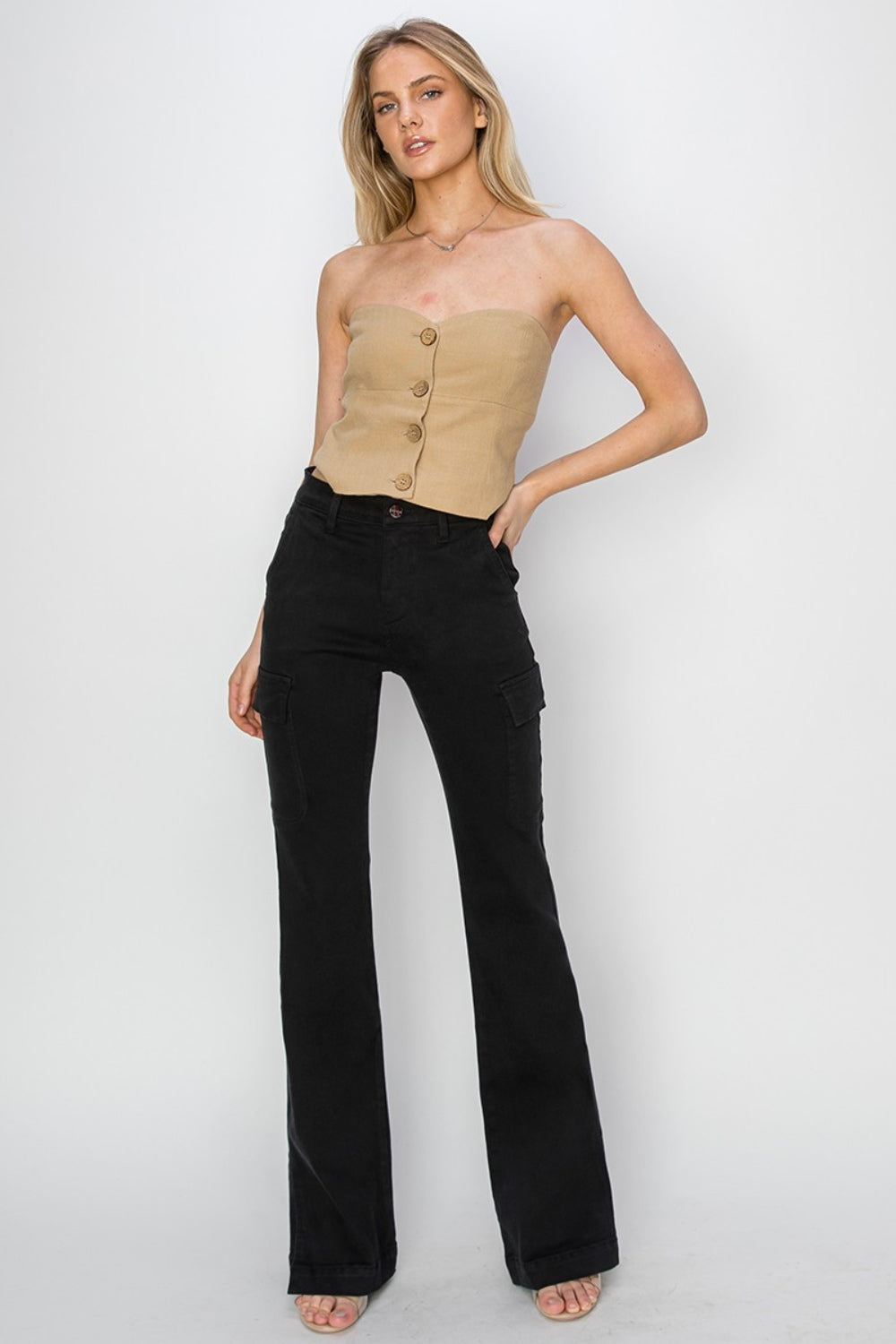 RISEN Full Size High Rise Slit Hem Cargo Bootcut Jeans in Black