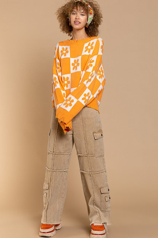 POL Oversized Distressed Floral Print Sweater in Sunkist/White