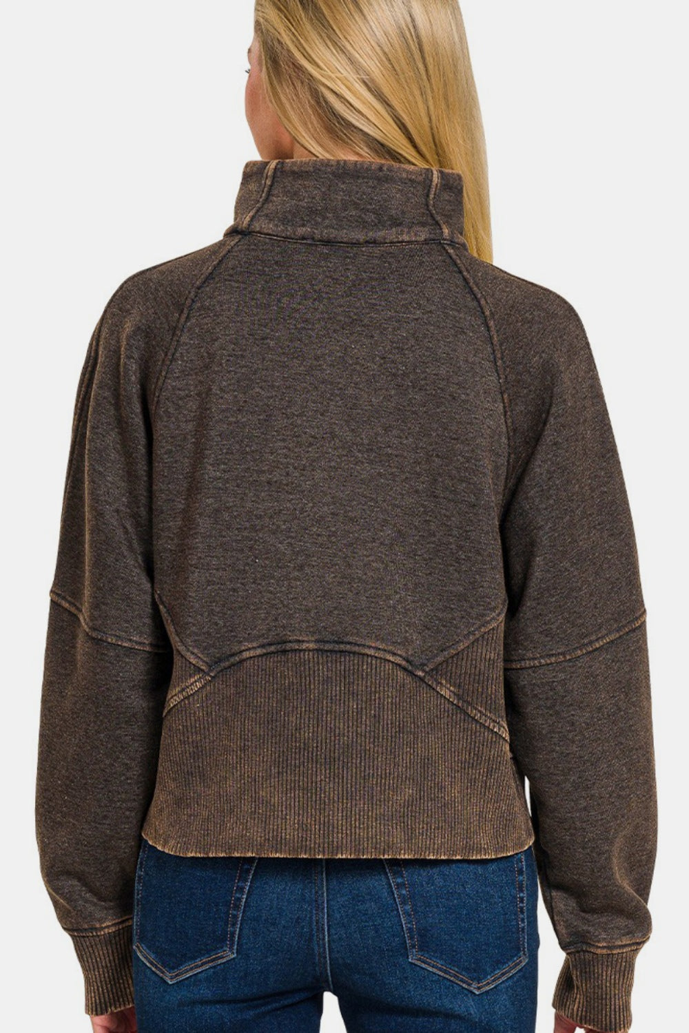 Zenana Acid Washed Half Zip Fleece Sweatshirt in Ash Black