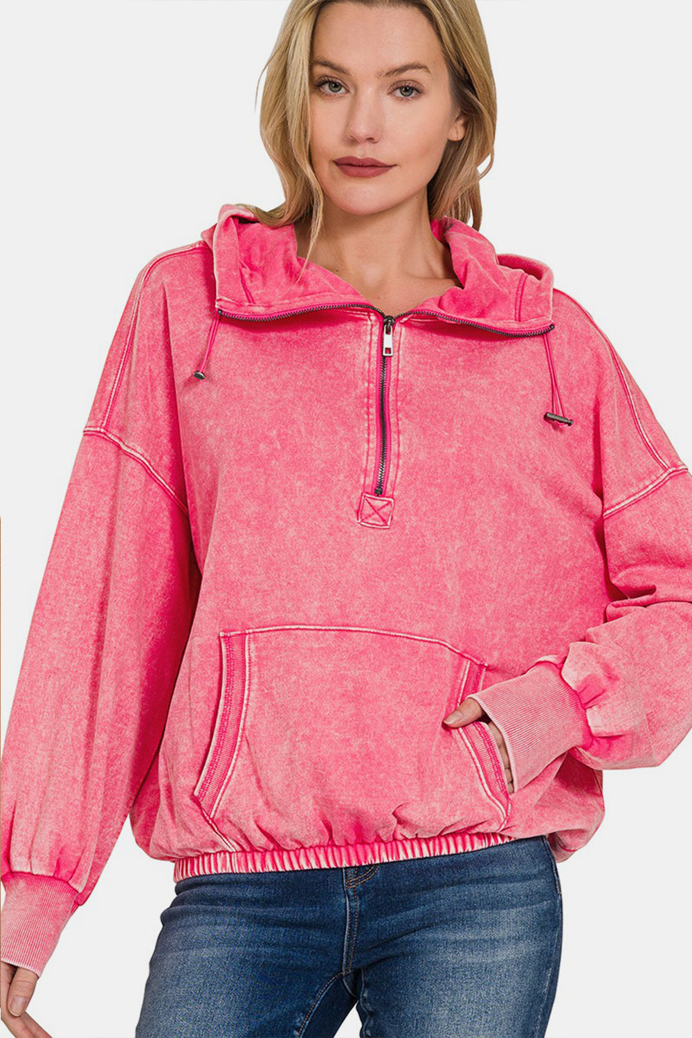 Zenana Half Zip Drawstring Hoodie in Washed Fuscia