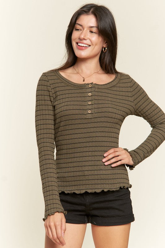 Jade By Jane Quilted Lettuce Edge Long Sleeve Henley T-Shirt in 3 Colors