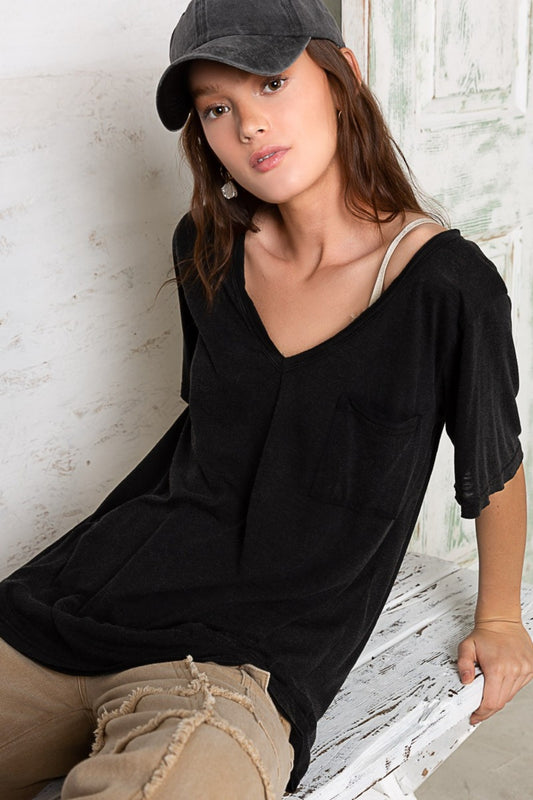 POL Slub Knit Short Sleeve V-Neck Tunic T-Shirt Top in Black NWT