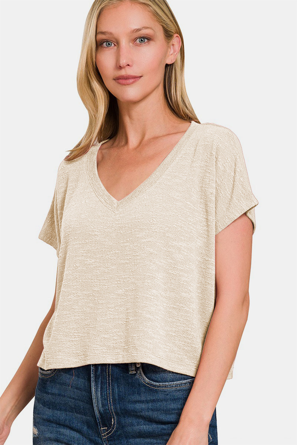 Zenana Cropped V-Neck T-Shirt in Sand Beige