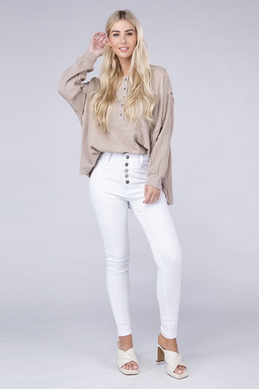 Zenana Double Cotton Gauze Oversized Raw Hem Henley Shirt in 8 Colors