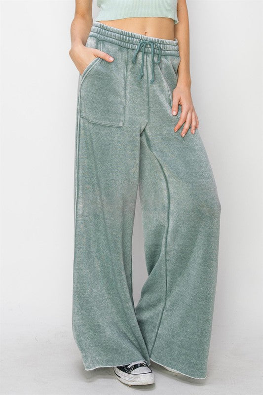 HYFVE Color Washed Wide Leg Sweatpants Raw Hem Pockets Drawstring in 3 Colors