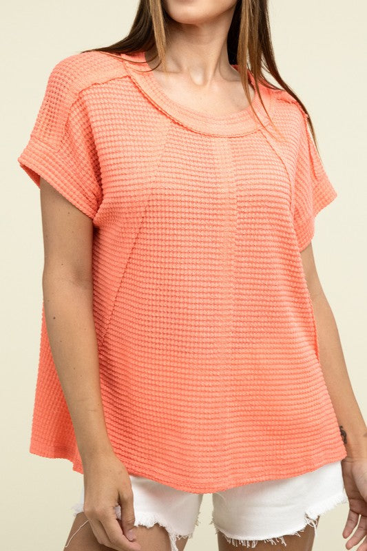 Brushed Waffle Exposed-Seam Short Sleeve Top