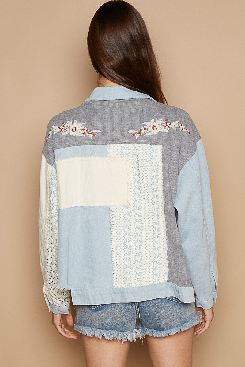 POL Raw Hem Crochet Embroidery Shirt Jacket with Chest Pockets in Denim Multi