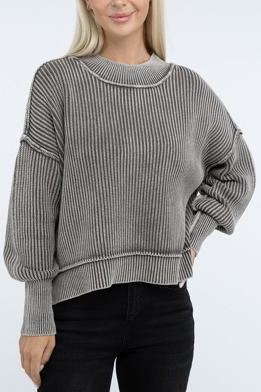 Zenana S/M L/XL Color Washed High-Low Hem Ribbed Cotton Sweater in 4 Colors