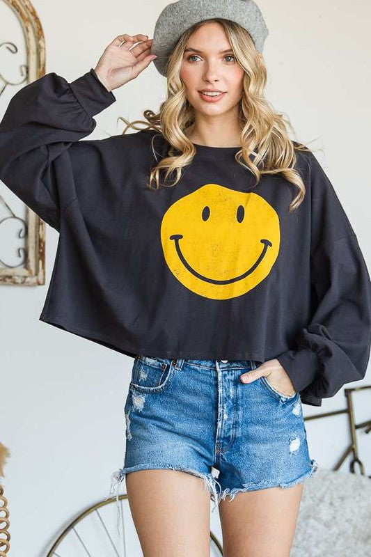 Jade by Jane Smiley Face Long Sleeve Cropped Graphic Tee in 4 Colors