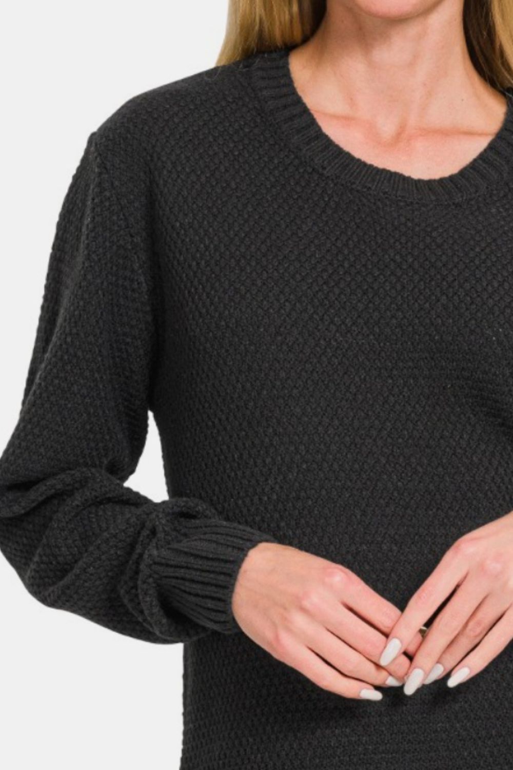 Zenana Diamond-Knit Long Sleeve Curved Hem Round Neck Tunic Sweater in Black Size Small to 3X