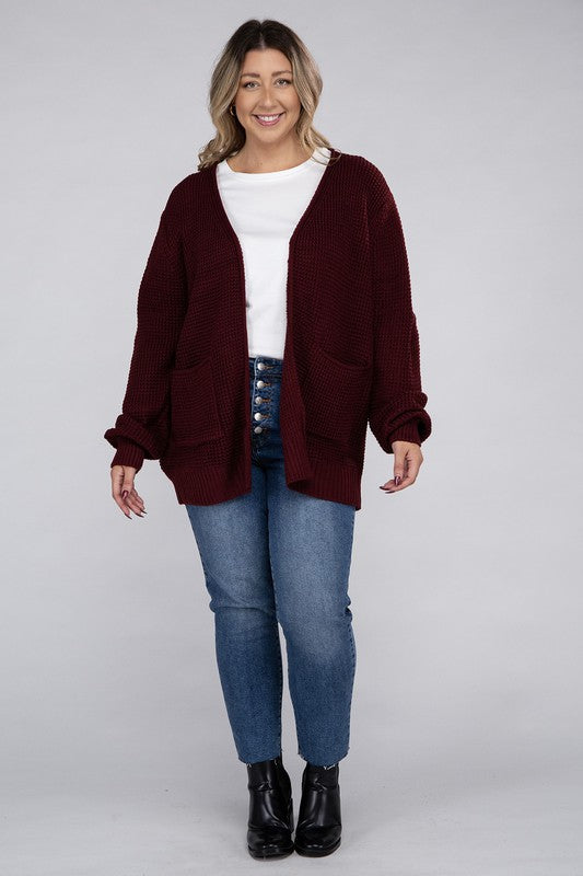 Zenana Plus Waffle-Knit Open Front Tunic Cardigan Sweater with Pockets in 5 Colors