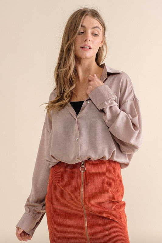 Sweet Generis Satin Long Sleeve Button-Down Top in 6 Colors