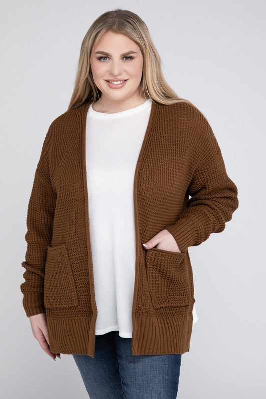 Zenana Plus Waffle-Knit Open Front Tunic Cardigan Sweater with Pockets in 4 Colors