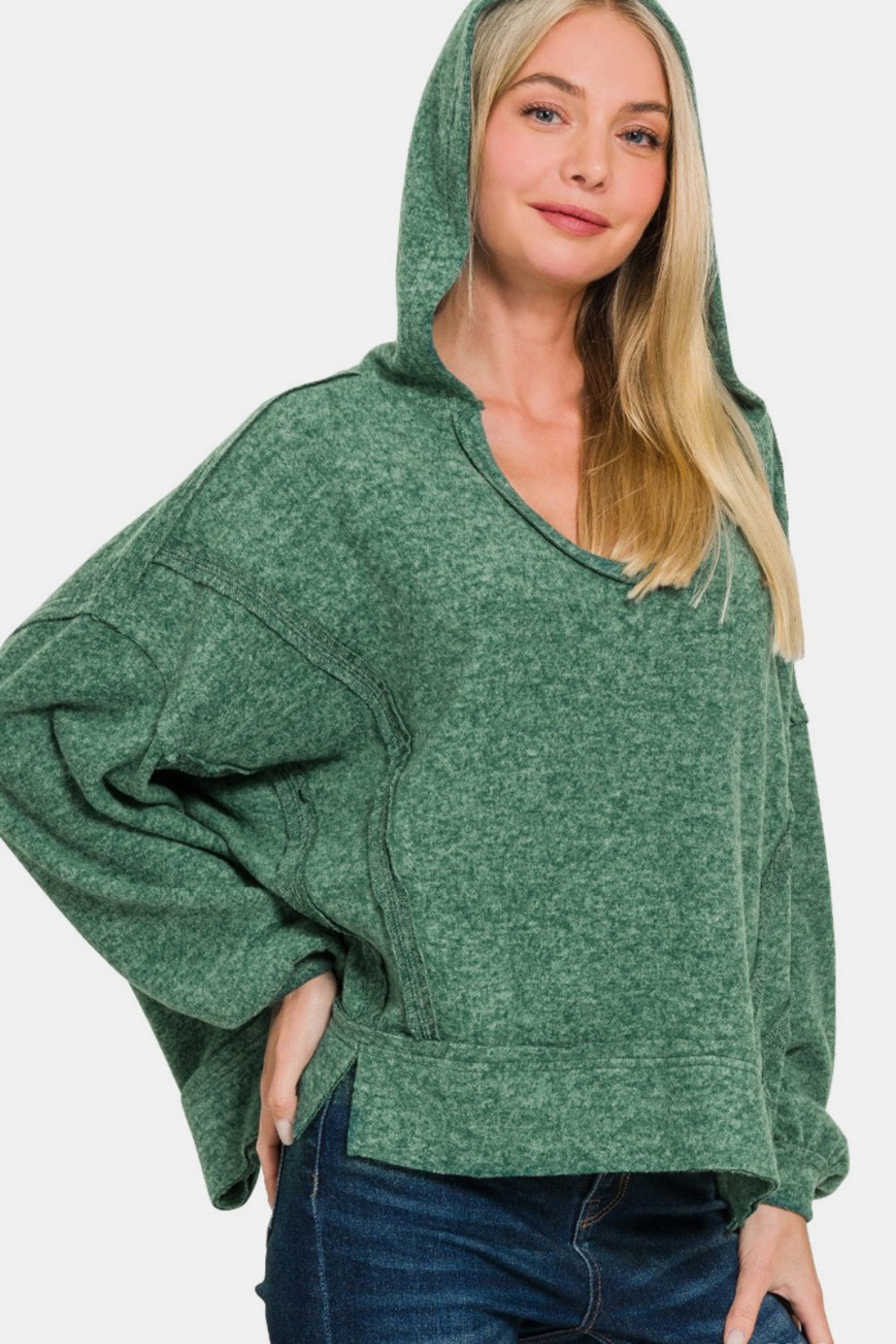 Zenana Brushed Hacci Exposed Seam Round Neck Hoodie Sweater in Dark Green NWT