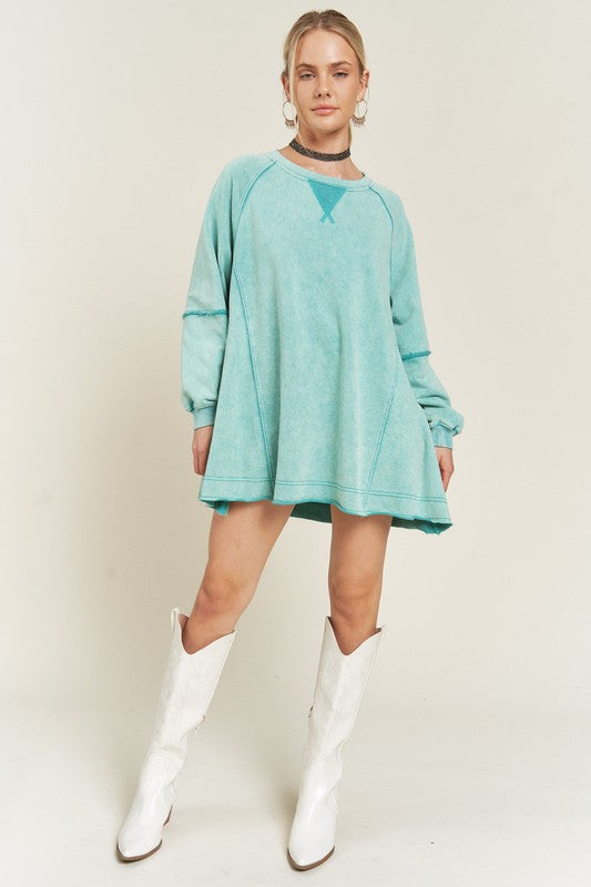 Jade by Jane Color Washed Raw Flare Hem Tunic Sweatshirt in Teal and Pink