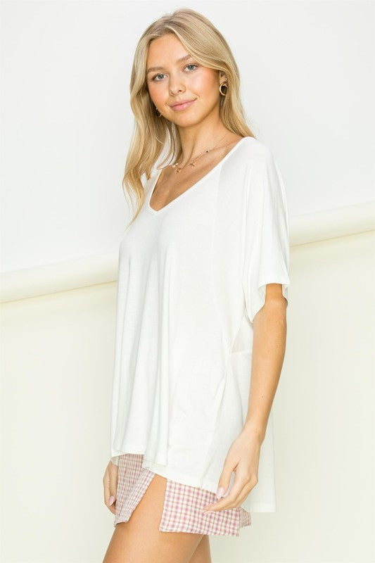 HYFVE Oversized Slinky Short Sleeve Tunic V-Neck T-Shirt in 3 Colors