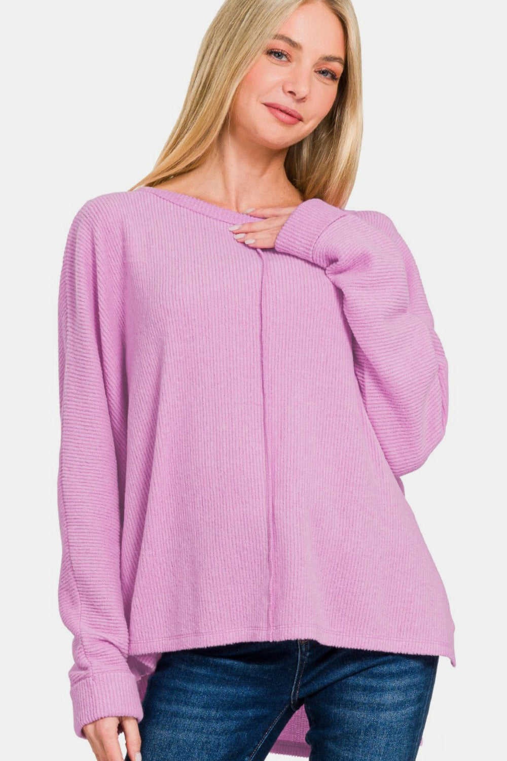 Zenana High-Low Side Slit Long Sleeve Round Neck T-Shirt Top in Mauve Pink NWT