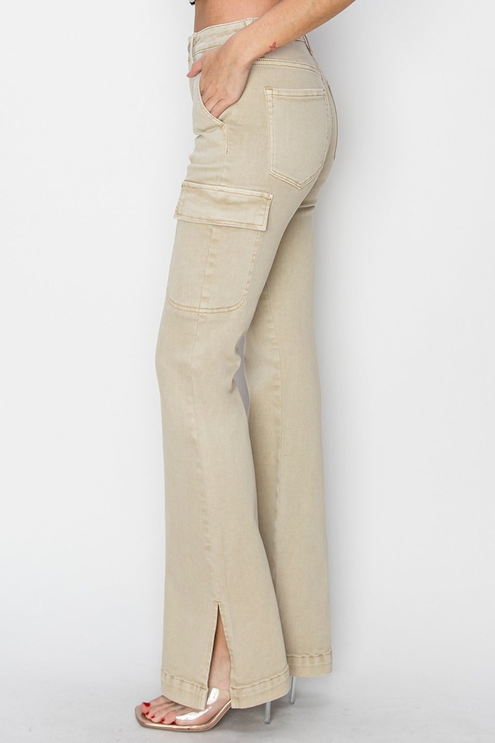 RISEN Full Size High Rise Side Slit Cargo Bootcut Jeans in Stone Beige