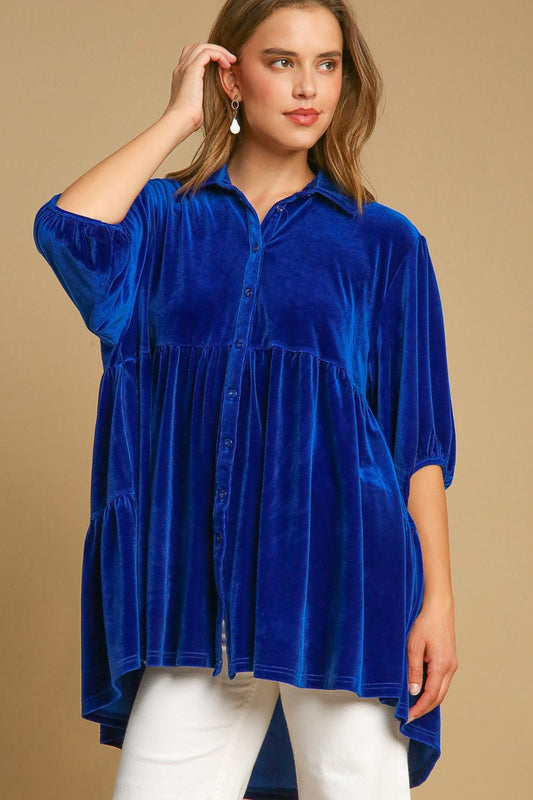 Umgee Tiered Velvet High Low Hem Tunic Button-Down Shirt in Sapphire Blue NWT