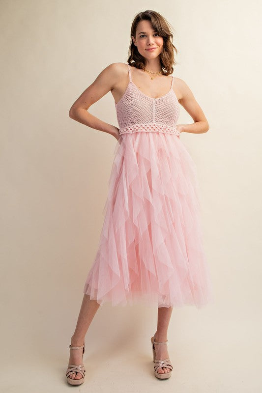 Sweet Generis Crocheted Tulle Cami Midi Dress in Pink or Black